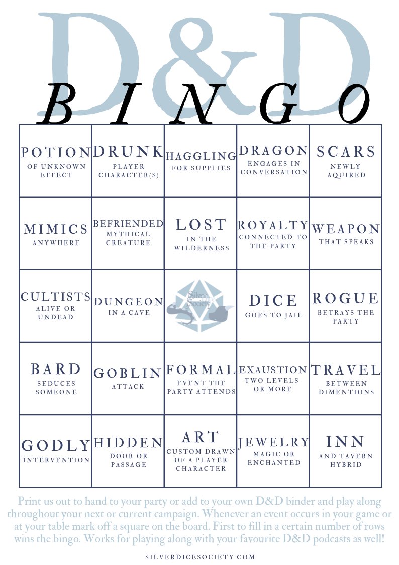 society_dice's tweet photo. We made a #Dungeonsanddragons trope Bingo card for you all to play along with your next game, download 6 different versions free on our website: https://t.co/G6Y3UCbl1E https://t.co/yZ2zawMnJP