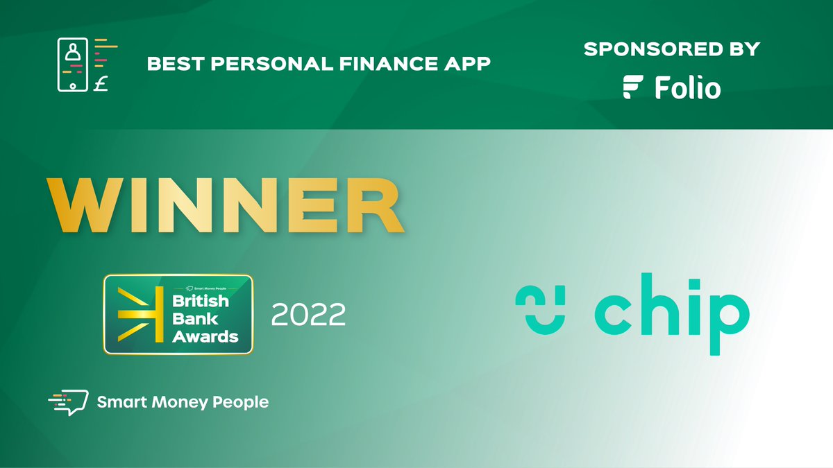 CONGRATULATIONS 🎉

The <a href="/BritBankAwards/">British Bank Awards</a> ‘Best Personal Finance App’ winner 🏆 is...

<a href="/Get_Chip/">Chip</a> 

Well Done!

#BBA2022 #Awards #CustomerDecided