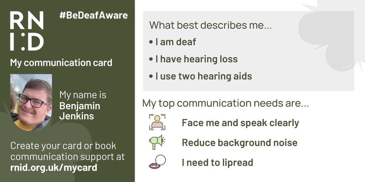 MrJenBen's tweet photo. So, it's #DeafAwarenessWeek2022  remember clearer not louder and hearing aids don’t make everything better! #BeDeafAware also these communication cards from @RNID are splendid. https://t.co/hxBfiTf5LR