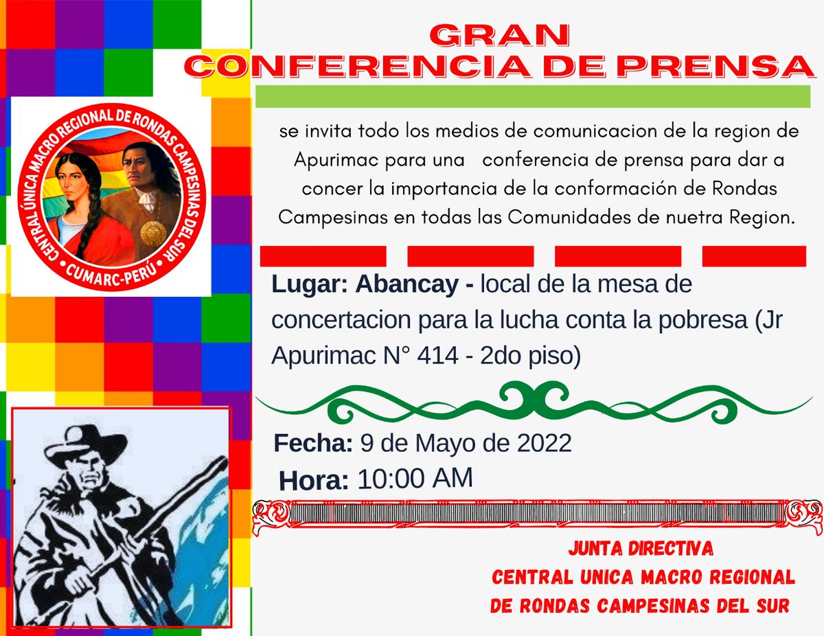 Invitamos a todo los Periodistas de nuestra región de Apurímac para una conferencia de prensa que se llevara a cabo en la ciudad de Abancay.
#VamosConTodo
#AsambleaConstituyentePeru