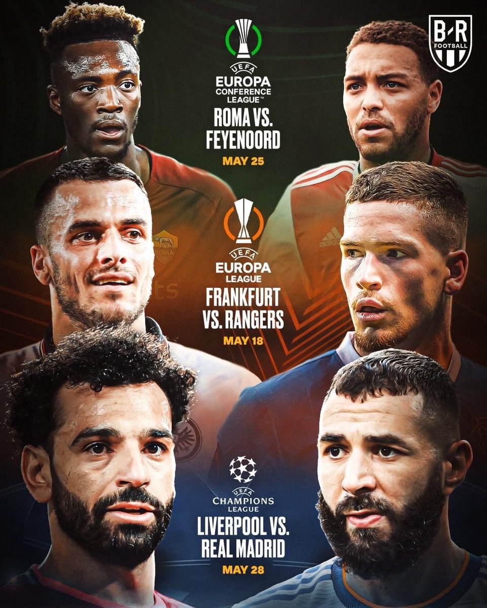 Tactics_App's tweet photo. Ready for the finals!

🏆 Europa Conference League final: 
Roma vs. Feyenoord, May 25

🏆 Europa League final: 
Frankfurt vs. Rangers, May 18

🏆 Champions League final: 
Liverpool vs. Real Madrid, May 28 https://t.co/fDKtNbnwKZ