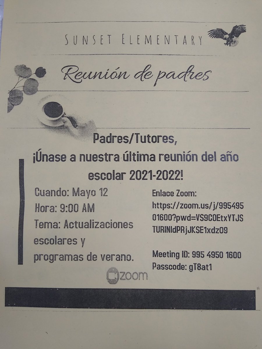 SunsetEagles's tweet photo. Our final Coffee Talk is next Thursday at 9am! We will discuss school updates and summer programs. See you there! https://t.co/xMZpCwbWA0