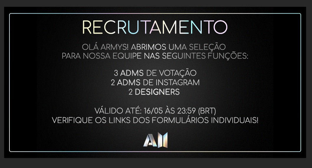 🗂️| RECRUTAMENTO - 2022 

A Hero está com seleções abertas para quem desejar fazer parte da nossa equipe.💜

Se você tem disponibilidade, tempo e interesse em fazer parte de uma fanbase, convidamos você a preencher nosso formulário!

Atenção aos tweets e banner abaixo!