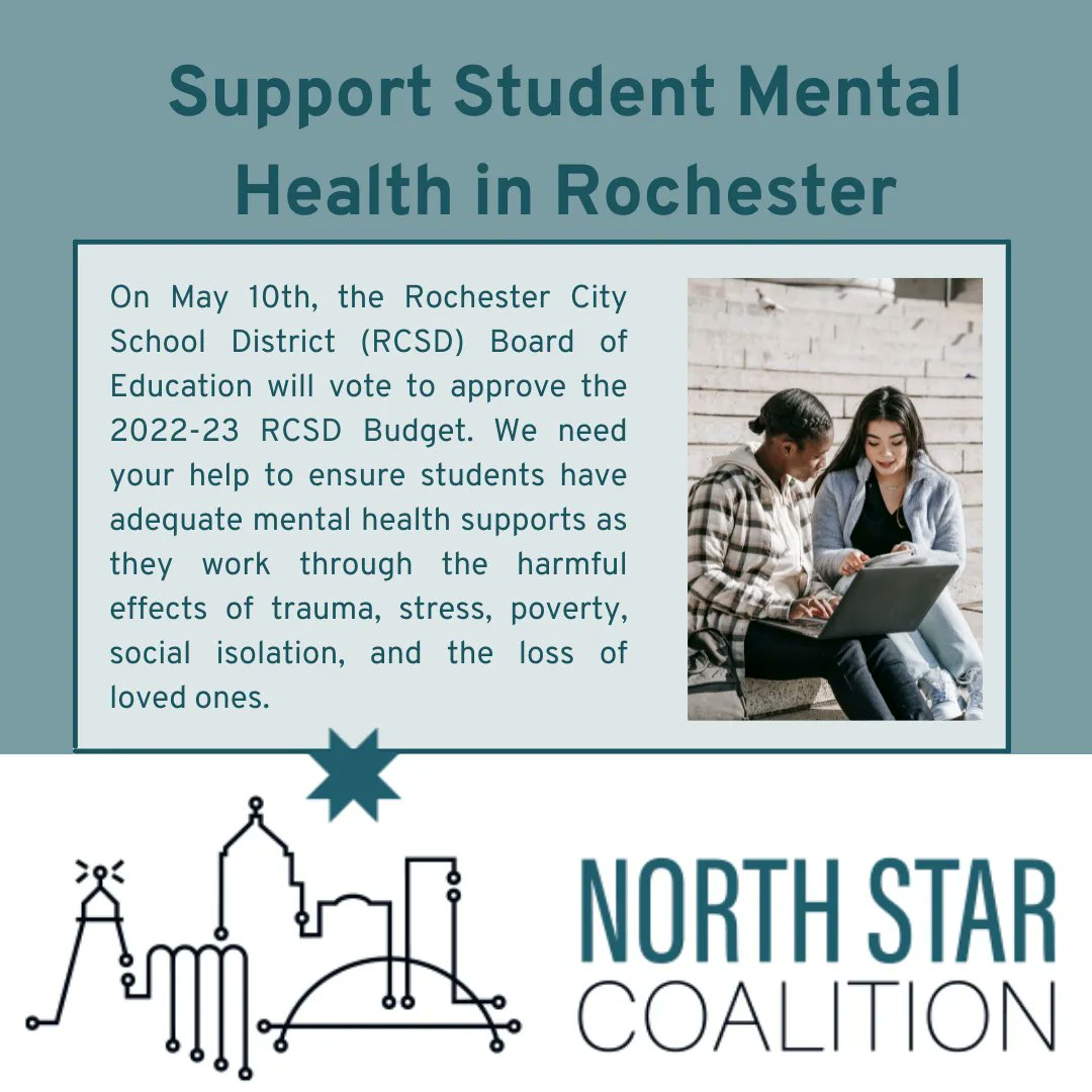 Tell the RCSD Board of Education that you support an increase of $5 million in student mental health staffing/practices for the 2022-23 school year: 

buff.ly/3MIAo6p

<a href="/childrensagenda/">The Children's Agenda</a> 

#mentalhealtheducation #mentalhealthwellness #ROC #equityineducation #educationequity