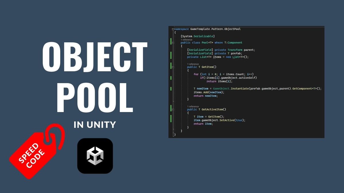 ahengine3's tweet image. Object Pool Pattern in Unity / C#  - Speed Code
Watch on Polygon (YouTube):
youtu.be/Gno0QhrLUwY
#Unity #ObjectPool #DesignPattern #ObjPool #CSharp