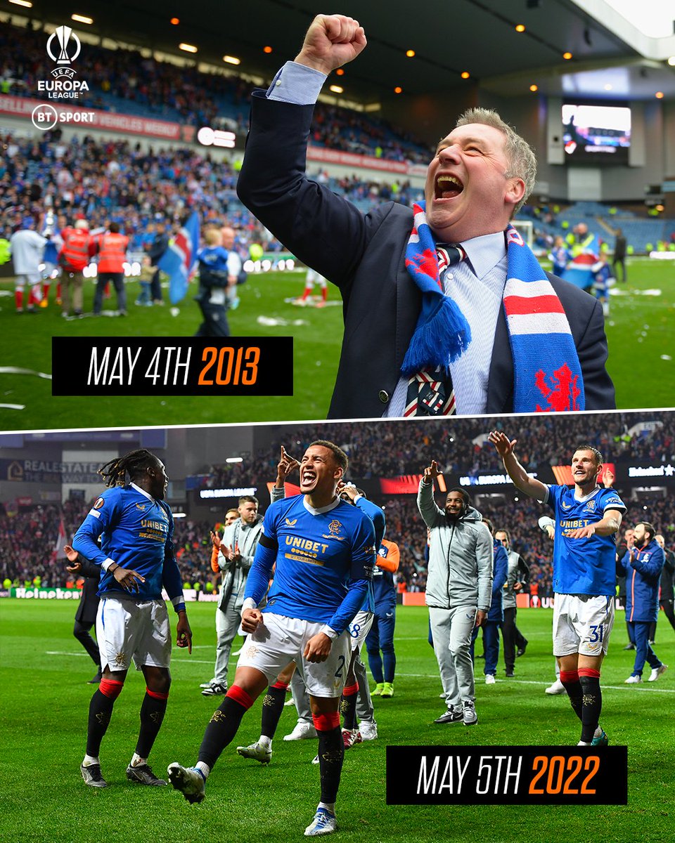 footballontnt's tweet photo. 🗓 May 4th 2013: Celebrate promotion to the third tier of Scottish football.

🗓 May 5th 2022: Celebrate reaching the 2021/22 Europa League final.

What a fascinating journey Rangers have been on ✨

#UEL https://t.co/gFbrcm3MzE