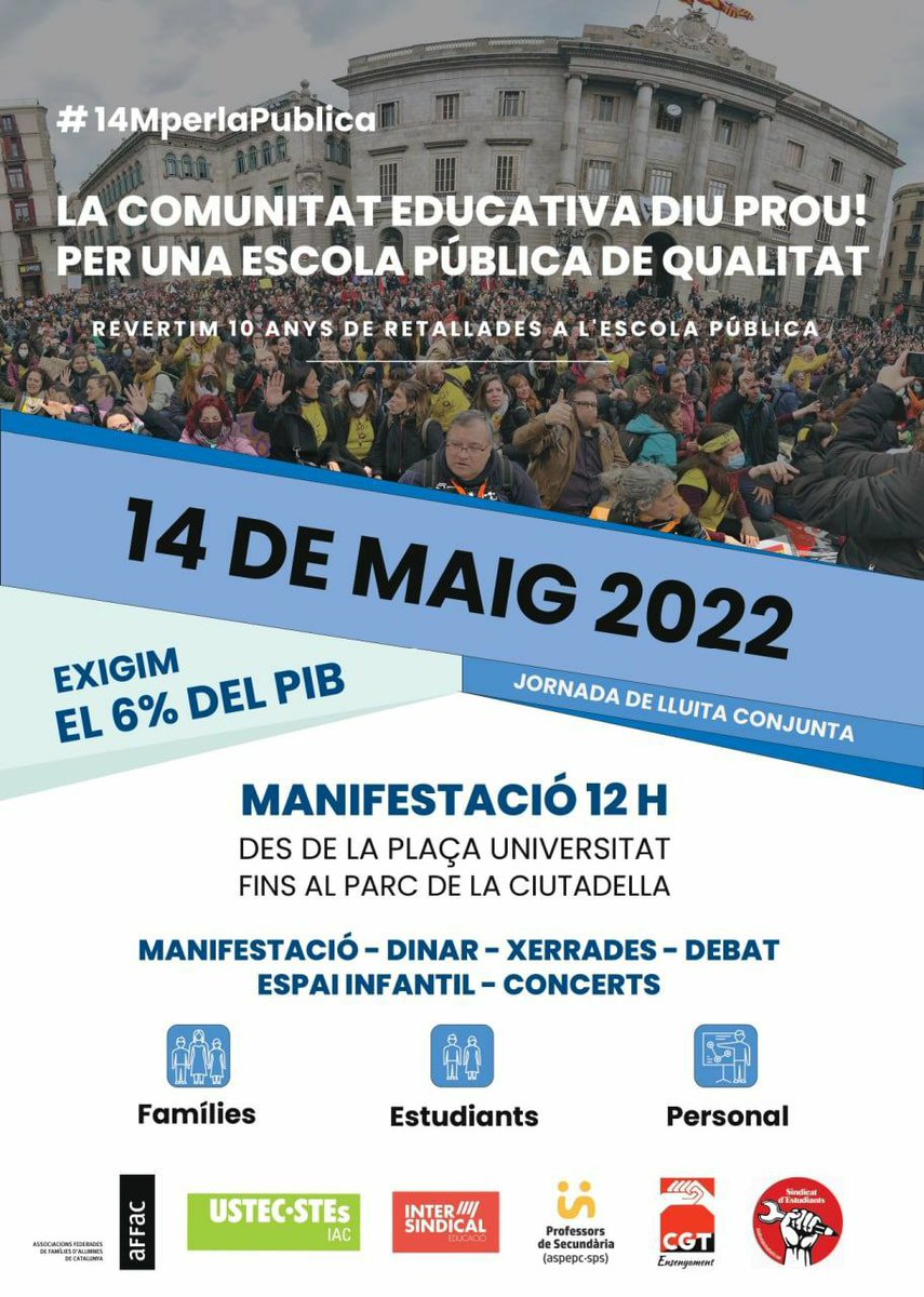 CGTEnsenyament's tweet photo. #14MperlaPública
📢 REVERSIÓ ✂️: -ràtios, +personal
📢 #CapInterinaalCarrer
📢#SuprimimConcerts
📢 Immersió lingüística inclusiva i de qualitat
📢 FP pública i de qualitat
📢 #CapTancament a la Pública
📢 INVERSIÓ 6% PIB https://t.co/3tvBx4XcSW