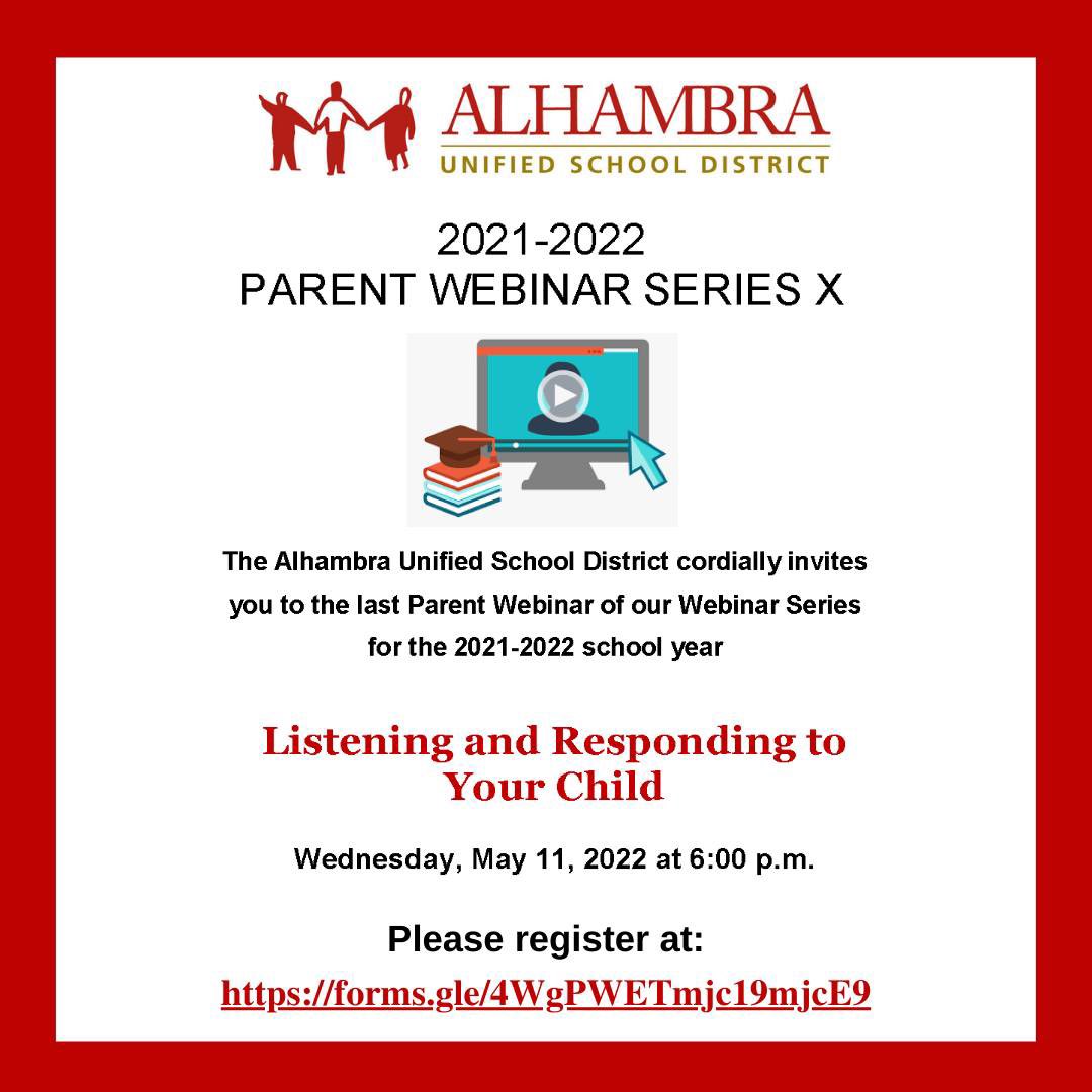 alhambrausd's tweet photo. #AUSD #StudentSupportServices along w/ National Alliance on Mental Illness (NAMI), invites you to join presents the last #Gateway2Success Parent Webinar Series
“Listening and Responding to Your Child":
Wednesday, May 11th at 6pm
Register at:
https://t.co/vVvSWTtR1S https://t.co/JHIAiLpCmE