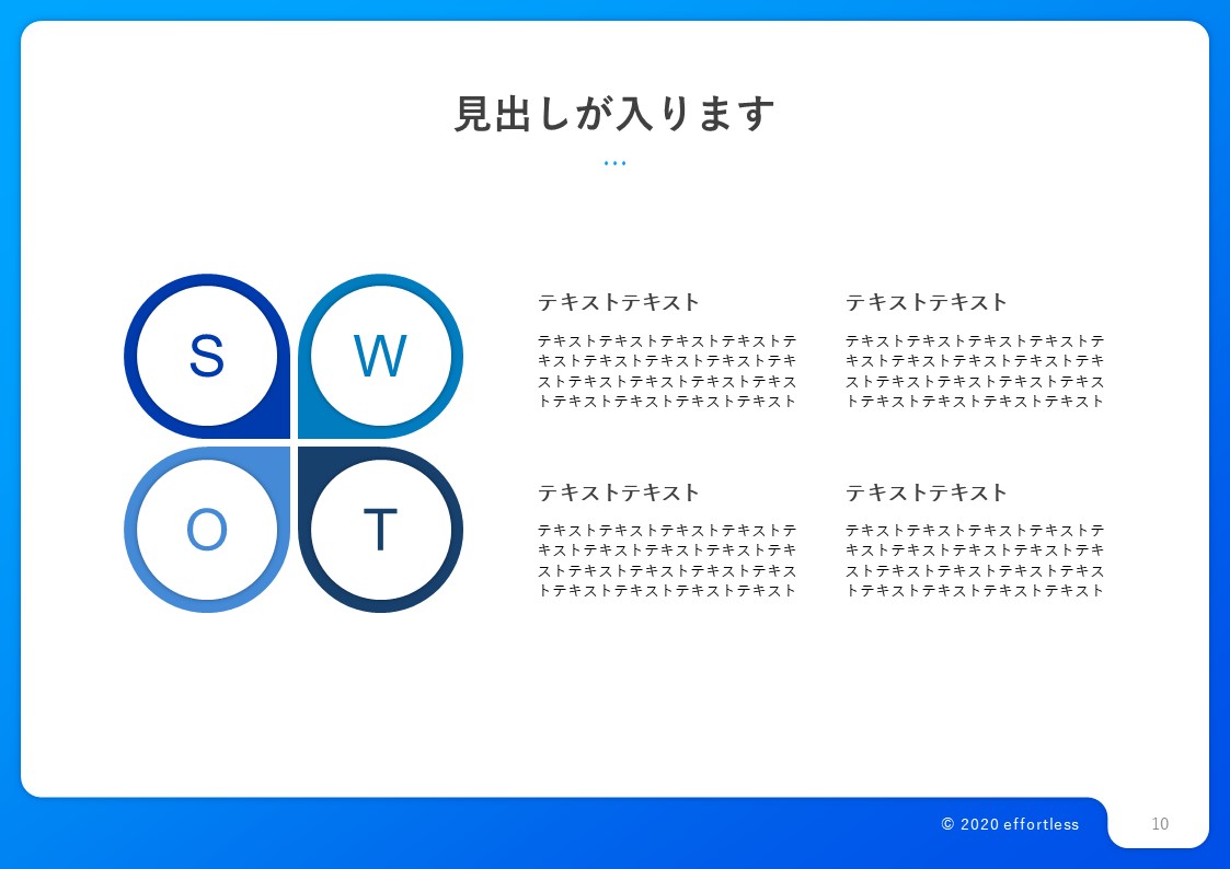 エフォートレス デザイン パワーポイント良質デザイン集 ビジネス資料を簡単におしゃれにできます Swot分析の説明スライドデザインを作ってみました 爽やかな色合いなので 誠実なイメージを伝えられます T Co Wjnkd0ayth 資料作成