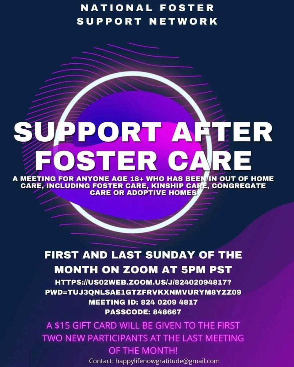 ✨ Resource Highlight ✨
If you are 18+ and have experienced out-of-home care, join the National Foster Support Network for a "Support After Foster Care" Zoom.
#peersupport #fostercare #mentalhealth
#mentalhealthmonth #fostercaremonth
#FosterStrongFeatureResource