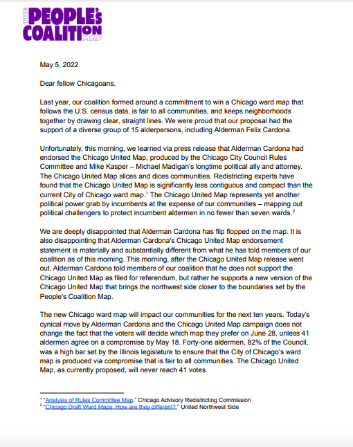 erin_hegarty's tweet photo. Letter signed by the 14 remaining supporters of the @ChicagoMap2022 says they are “disappointed” that Ald. Felix Cardona “flip flopped” and decided to back the @chiunitedmap instead. Call his decision “cynical” and different from what he had told them as recently as this morning. https://t.co/gPChzblSWd