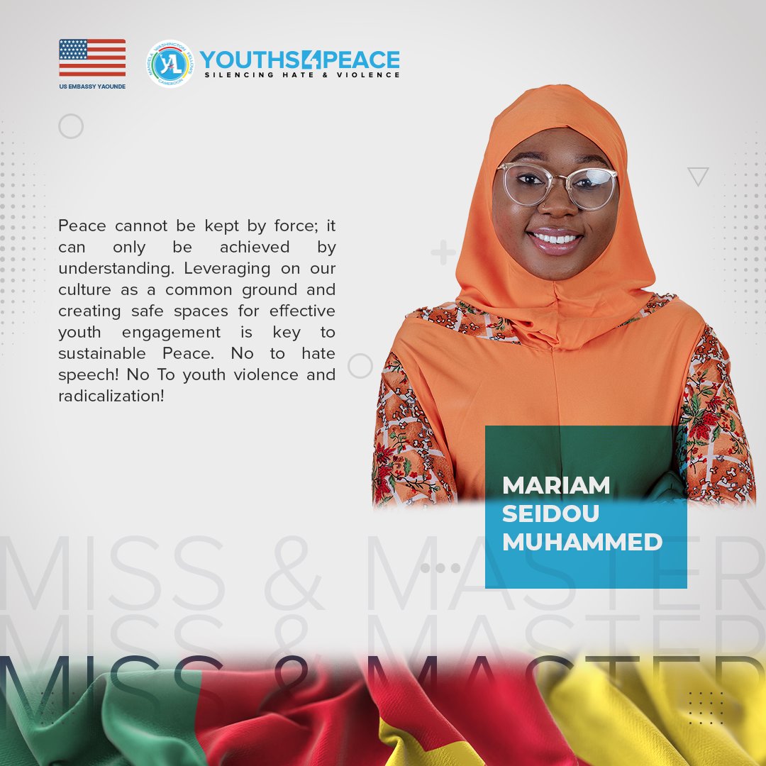 Mariam Seidou Muhammed (North West Region) inspiring message to combat hate speech, youth violence and youth radicalization in Cameroon.
Vote by Retweeting, Replying and Liking 
#237Youth4Peace
<a href="/MWFCameroon/">MWF Cameroon</a>
<a href="/USEmbYaounde/">U.S. Embassy Yaounde</a>
