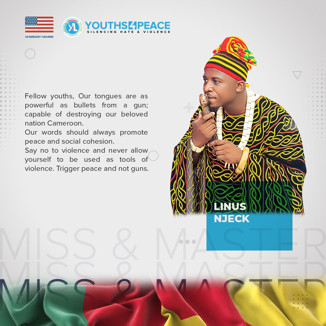 MWFCameroon's tweet photo. Tifuh Linus Njeck (North West Region)   inspiring message to combat hate speech, youth violence and youth radicalization in Cameroon.
Vote by Retweeting, Replying and Liking 
#237Youth4Peace
@MWFCameroon
@USEmbYaounde https://t.co/EdBvJFPGIX