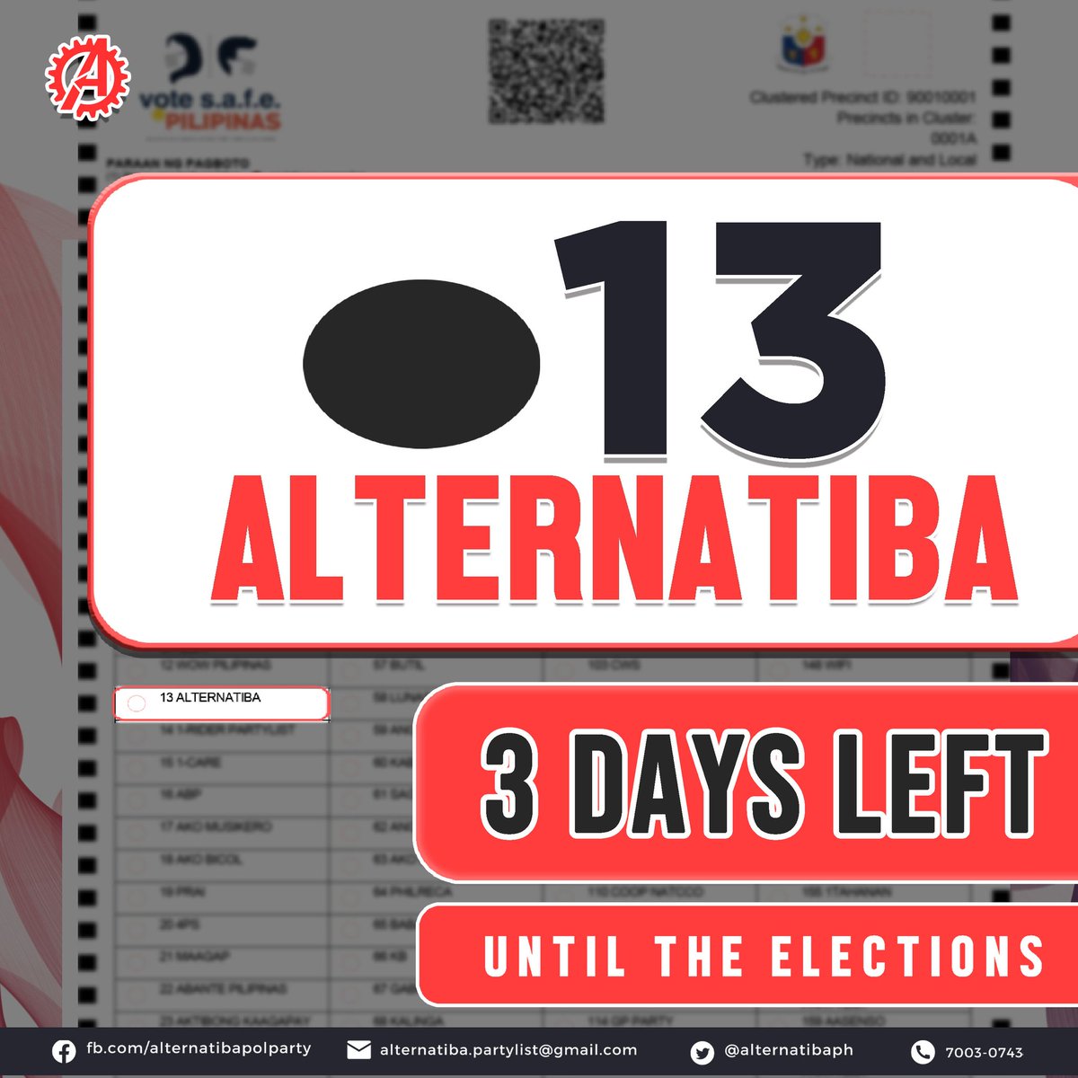 KamanggagawaPL's tweet photo. 3 araw na lang eleksyon na mga kasama! 

TANDAAN ISANG PARTYLIST LANG ANG PWEDENG IBOTO. Kaya siguraduhing #13ALTERNATIBA ang ating iboboto!

Ipanalo ang laban nating mga ordinaryo! Ipanalo ang #13ALTERNATIBA PARTYLIST!

Tignan: https://t.co/ndYP1pPbN0 https://t.co/GP6MIJeoCk