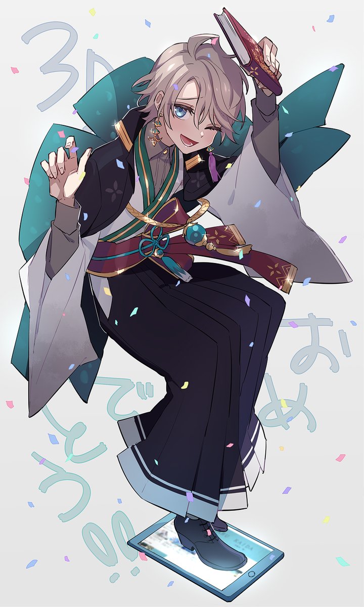 1boy male focus one eye closed blue eyes japanese clothes solo holding  illustration images