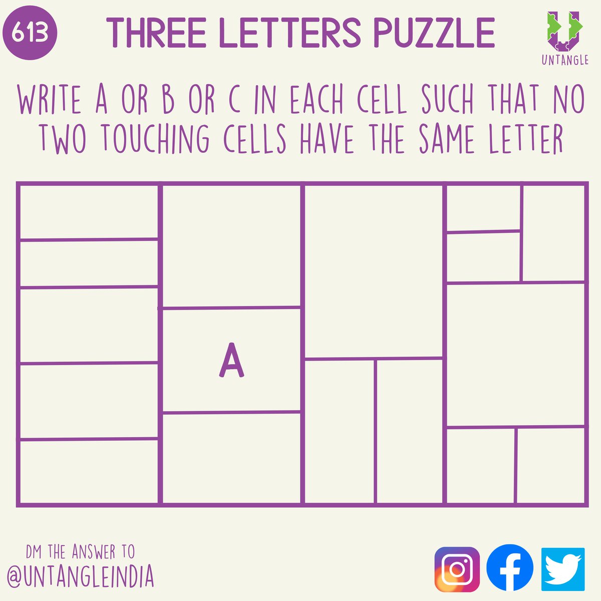 UntangleIndia's tweet photo. Friday's puzzle is to fill up every cell of this grid with either A or B or C so that no adjacent cells have the same letter.

DM the answer to @UntangleIndia

#UntanglingAtHome 613 https://t.co/4NbKUrWfhq