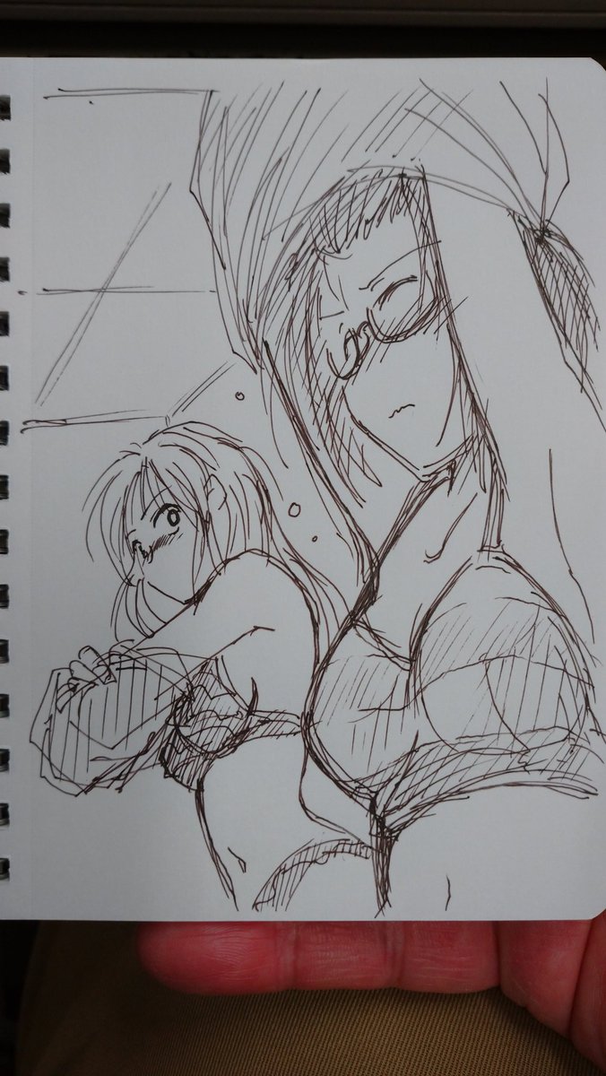 よーし水着空魚描くぞおらー!
…とボールペンを手にして、頭の中のイメージを投射してみたものがこれ。
…
…誰だかわからん!!(笑)
目ェつぶっちゃってるし髪も上がっちゃってるし(最初からそういうイメージでしたので)
鳥子さんも左手見えてないし!
まあいいか。
時間あったらまた違うの描こう。 https://t.co/mtClURGYzd 
