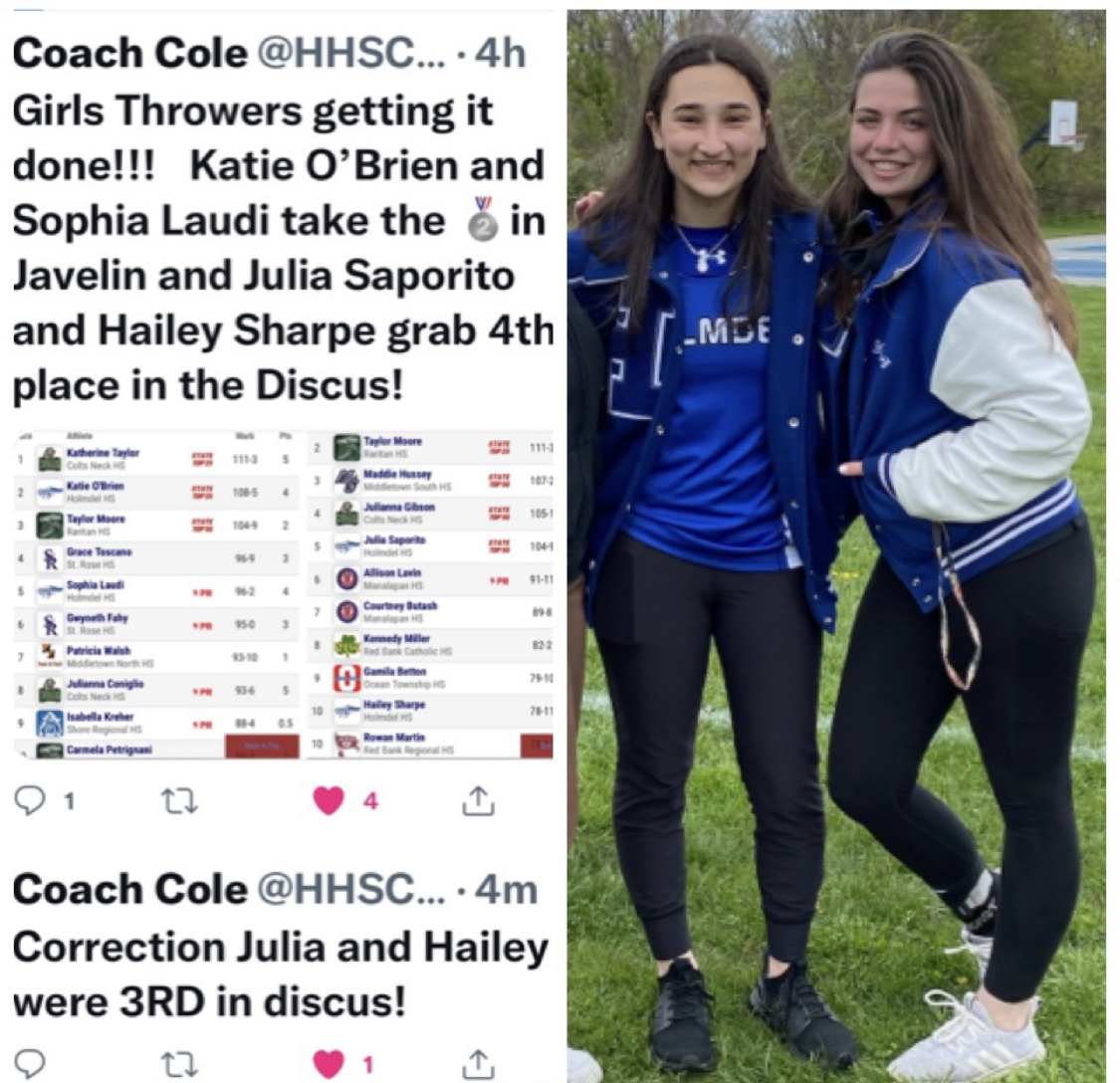 LynnSaporito's tweet photo. Congrats to @julessaporito and @hailsharpe for taking 3rd in discus at the Monmouth County Relays. Welcome back Hailey!🥉💙
@HolmdelHornets
@HHSCoachCole
@njmilesplit
@AthleticdotNet
@HSSportsNJ
@APPSportsDesk
#NJTF
#LetsGoHornets
#HornetNation https://t.co/tkP7IdYKkw