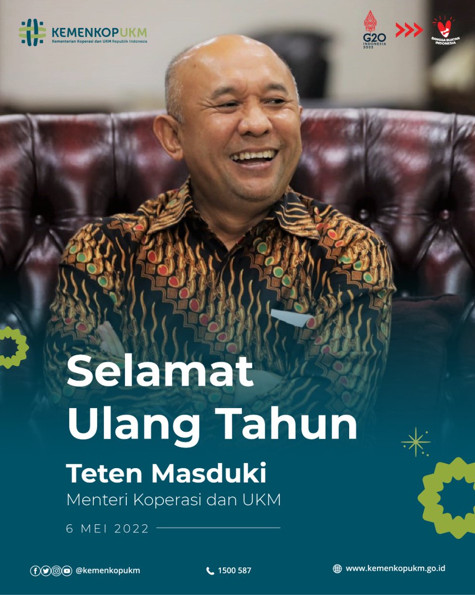 Selamat ulang tahun Bapak Teten Masduki 🙏

Semoga di usia yang ke-59 ini berada dalam lindungan dan rahmat-Nya, selalu diberkati amanah dalam membawa kekuatan baru serta inovasi bagi Koperasi dan UMKM Indonesia.

#KemenKopUKM