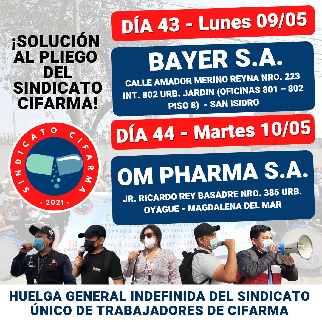 FETRIMAP_CGTP's tweet photo. Huelga en #BAYER y #ohpharma clientes de la empresa CIFARMA, por la solución del pliego de reclamos del Sindicato Único de Trabajadores de Cifarma 

FETRIMAP #CreandoPoderSindical

#CGTP #MTPE https://t.co/X81KyCiGgi