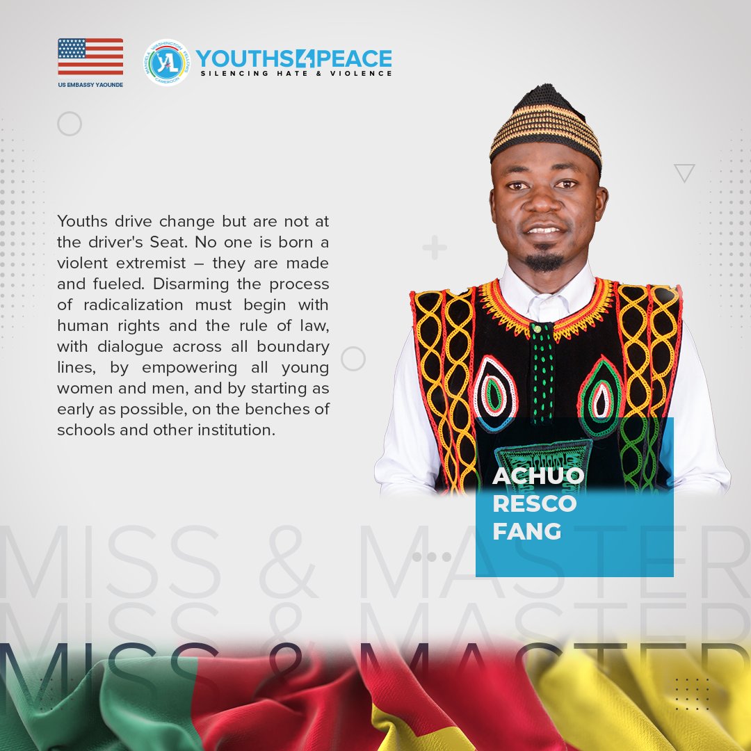 MWFCameroon's tweet photo. Achuo Resco Fang (North West Region)   inspiring message to combat hate speech, youth violence and youth radicalization in Cameroon.
Vote by Retweeting, Replying and Liking 
#237Youth4Peace
@MWFCameroon
@USEmbYaounde https://t.co/y0mnqVh637