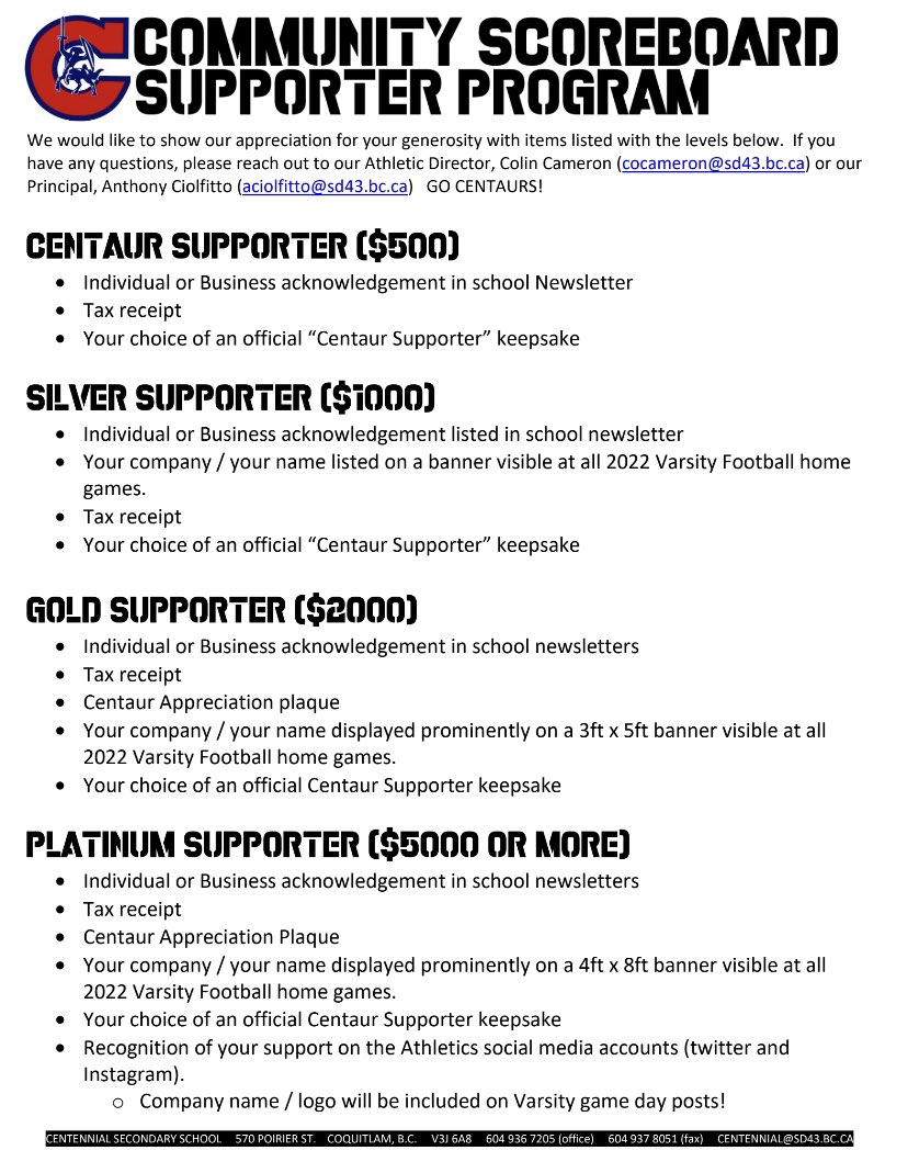 Centaurathletic's tweet photo. Last week, we began asking for our community’s support for our community scoreboard! We are very excited and are appreciative of everyone that has contributed to date!  If you would like to help our efforts, please look at images here and visit https://t.co/oXduXQM8r7 GO CENTAURS https://t.co/lVhREY7Kq9