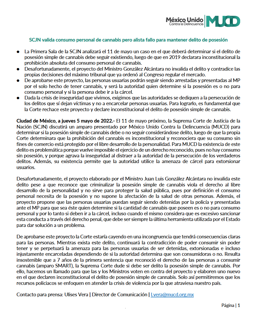 MUCDoficial's tweet photo. 🟢 Comunicado

La @SCJN valida consumo personal de #cannabis pero alista fallo para mantener delito de posesión.

👉🏽 https://t.co/USL5PXiWtH https://t.co/Ekr15XEP87