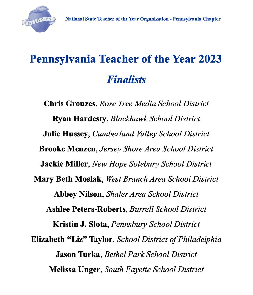 Congratulations to the Pennsylvania Teacher of the Year Finalist Class of 2023! We can't wait to meet you all and celebrate you in December in Hershey. <a href="/PADeptofEd/">PA Department of Education</a> <a href="/PDESecretary/">Pennsylvania’s Acting Secretary of Education</a> <a href="/NNSTOY/">NNSTOY</a>