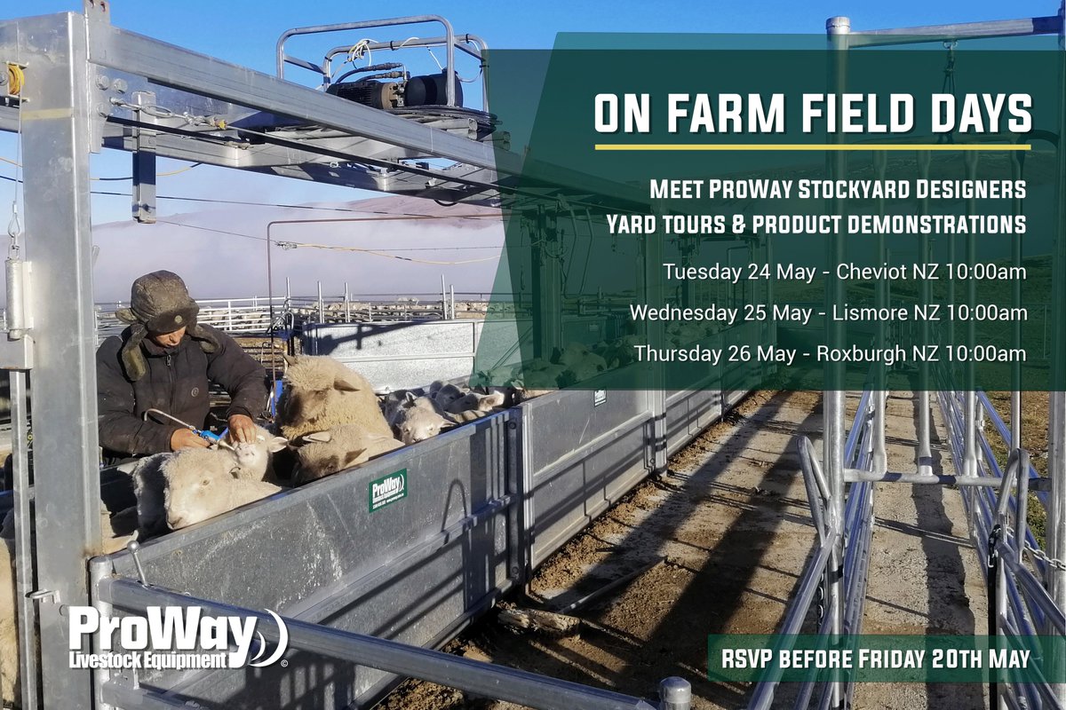 ProWay2000's tweet image. We&apos;re really excited to announce that ProWay will be hosting three On Farm Field Days in New Zealand at Cheviot, Lismore and Roxburgh toward the end of May.

Meet ProWay Designers as they run live yard tours and product demos! 

Register: proway.com.au/events