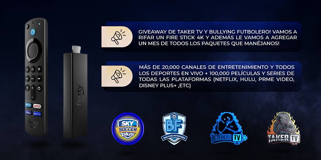 Tenemos un Giveaway para ustedes!
Será de un Fire Stick 4K con un mes gratuito de TAKER TV
Lo que debes hacer es
- Seguirnos <a href="/TAKERTV1/">TAKER TV</a> 
- Darle RT a este Tweet 
- Marcarlo Favorito
(Envío gratis en todo México)
El ganador se dará a conocer el 22 de mayo