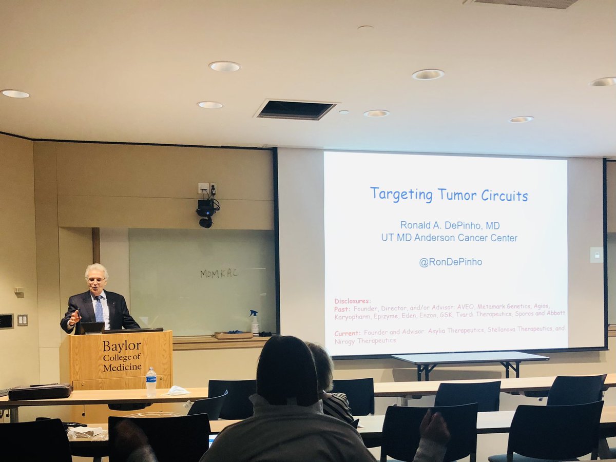 DuctalvsAcinar's tweet photo. Elegant talk at today’s #TMCDDC seminar. Dr. DePinho @RonDePinho discusses identifying and targeting tumor-specific symbiotic circuits to deliver more durable responses in prostate, colorectal and pancreatic cancer. #PrecisionMedicine #Genetics #Therapy https://t.co/bbbtBGxS5s