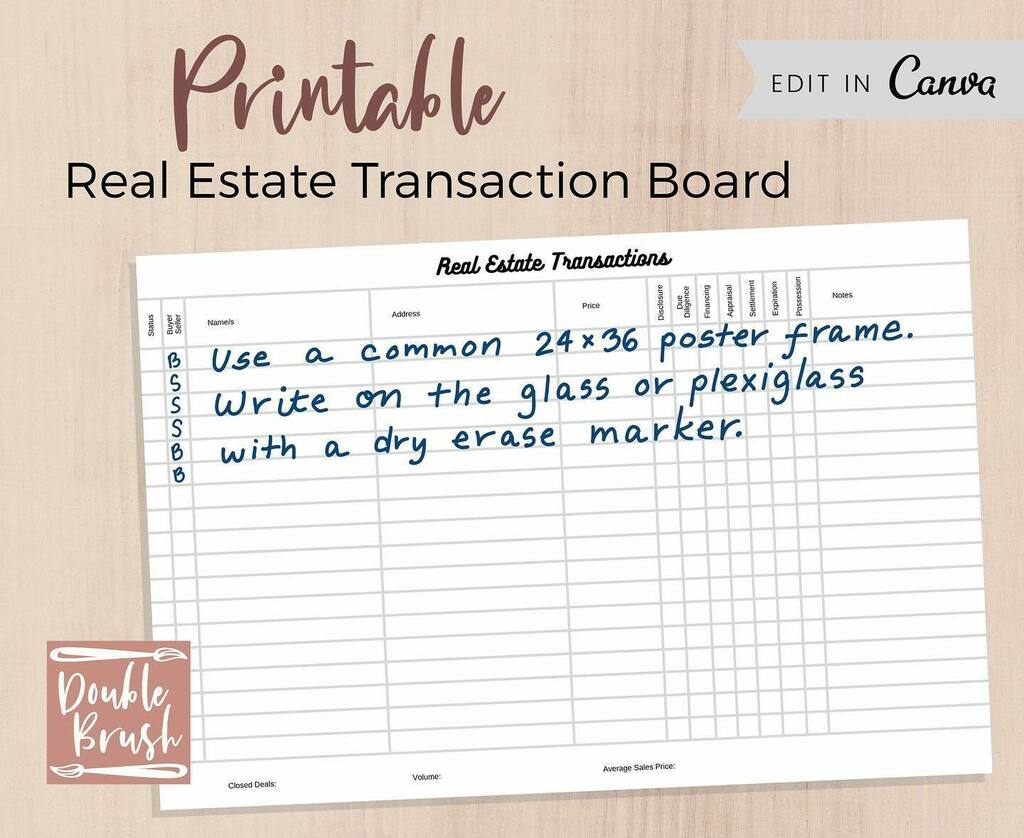 DoubleBrush's tweet photo. Our ‘customizable by you’ Real Estate transaction board, will help you keep track of all of your deals. This Canva template is so easy to use and could save you hundreds of dollars versus a ready made custom board. Template available at DoubleBrush.c… https://t.co/GwX3wSbb2A https://t.co/ko6LtDEjn8
