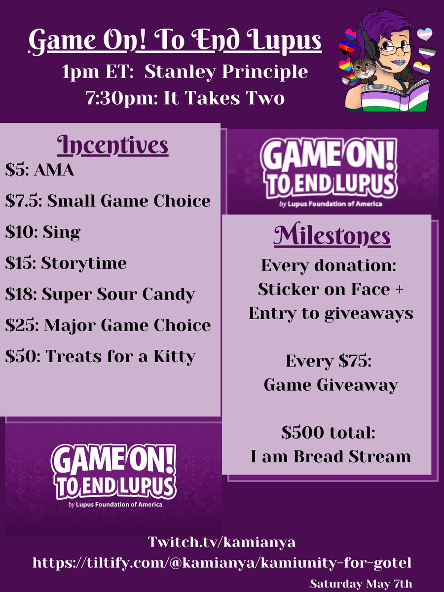 KamiAnya1's tweet photo. Saturday, 1pm ET, my Game On! To End Lupus stream supporting @LupusOrg in the fight against lupus. 
1pm-7:15pm: The Stanley Parable
7:30pm: It Takes Two mini games with @whiteshadowness, where every donation will distract me for a couple seconds! 
#GameOnToEndLupus https://t.co/UfDUQ1BrY8