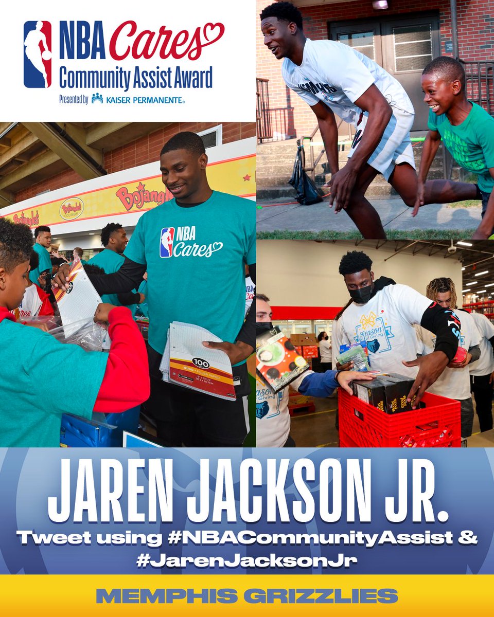 nbacares's tweet photo. .@jarenjacksonjr is nominated for the 2021-22 Seasonlong @nbacares Community Assist Award presented by @kpthrive!

RT to vote for Jaren Jackson Jr. or by tweeting #NBACommunityAssist + #JarenJacksonJr! 

Voting ends May 14! https://t.co/NUd4TNaALG