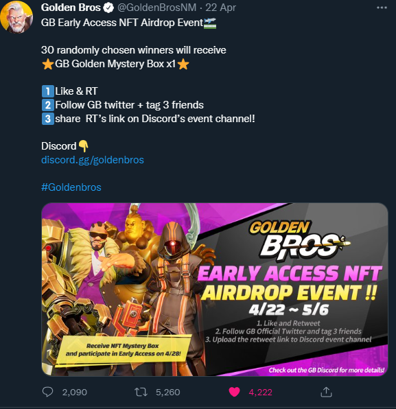 bcg_aoshiro's tweet photo. <Golden Bros>
EarlyAccess held 4/28~5/25 !!
✅Netmarble(developer) have been released "the seven deadly sins"
✅Users can buy Character NFTs on Binance
✅5/6, today, is dead line of Character Giveaway! 

@goldenbrosnm https://t.co/hrx5dpFiaM