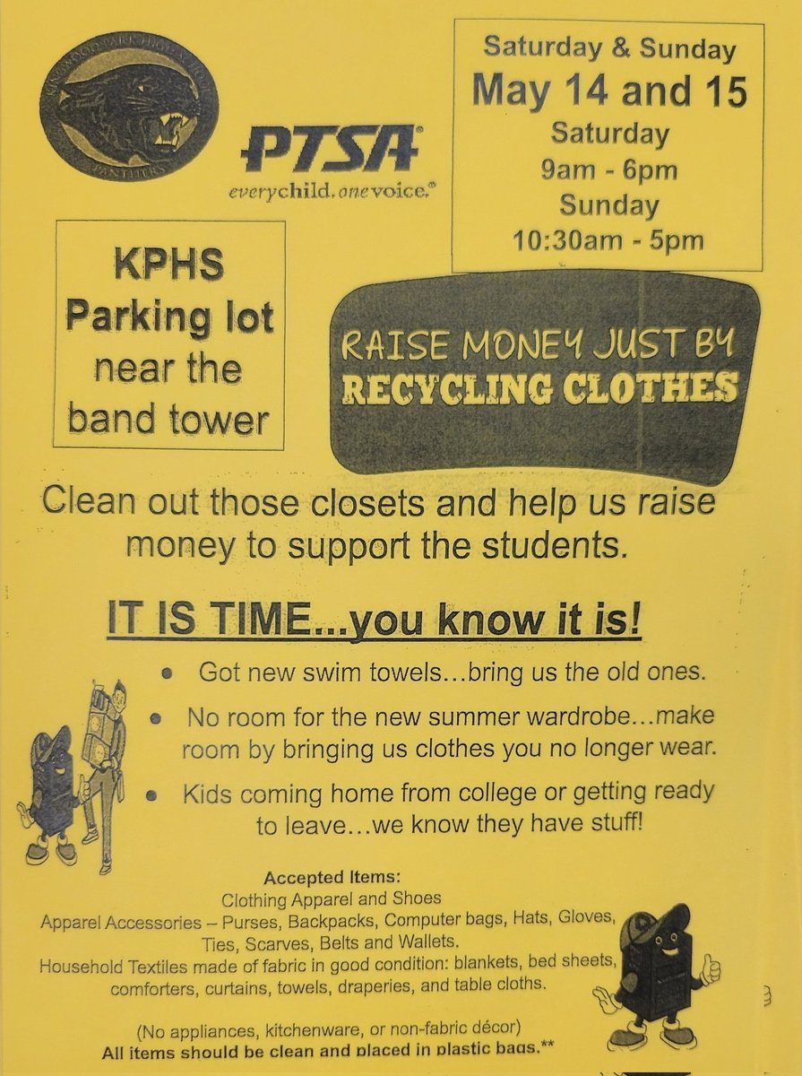 Summer is coming! Clean out those closets &amp; bring us your stuff! Drop off your clean, bagged donations May 14 &amp; 15 by the Band Tower  <a href="/HumbleISD_KPHS/">Kingwood Park HS</a>