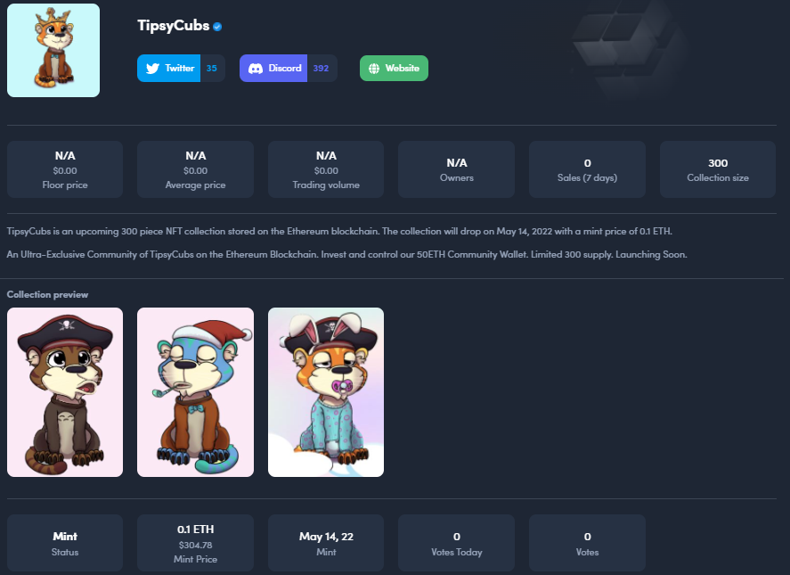 We have just listed <a href="/TipsyCubs/">TipsyCubs</a> on NFTFeed! 🔥

nftfeed.app/ethereum/proje…
#Ethereum #ethereumNFT #nft #EthereumClassic