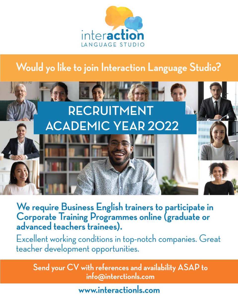 InteractionLS's tweet photo. Interaction is hiring! Send us your CV today.  Excellent teacher development opportunities to grow in the ESP field. Teaching adult professionals is a rewarding and enriching path you may decide to embark on. 
info@interactionls.com 

#espteaching #businessenglishtrainers https://t.co/q2OROTPeJV