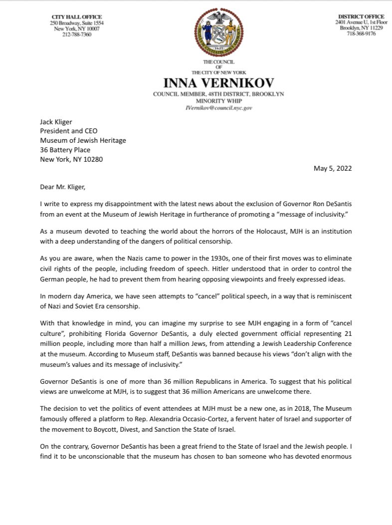 InnaVernikov's tweet image. The Museum of Jewish Heritage, an institution that pledges to promote tolerance and inclusion, excludes @GovRonDeSantis from attending an event on their premises. 

My response with Minority Leader @JoeBorelliNYC, in a letter to @MJHnews CEO Jack Kliger: