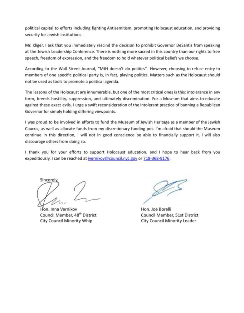 InnaVernikov's tweet image. The Museum of Jewish Heritage, an institution that pledges to promote tolerance and inclusion, excludes @GovRonDeSantis from attending an event on their premises. 

My response with Minority Leader @JoeBorelliNYC, in a letter to @MJHnews CEO Jack Kliger: