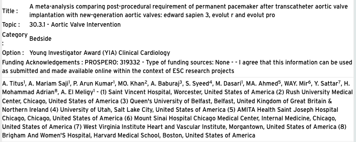 AnoopTitus's tweet photo. Delighted to announce the acceptance of our abstract for #ESCCongress

Greatful to my teammates:
@mariam_saji @Pramukh1010 @khanomer61 @abiram_baburaj @Shakilsyeed @DasariMahati @drmelatonin23 @wasey_mir @DryasarsattarMD @cantabplay  @AmrElMeligy5 

#firstmeta
#CardioTwitter https://t.co/cyVZtP1rt2