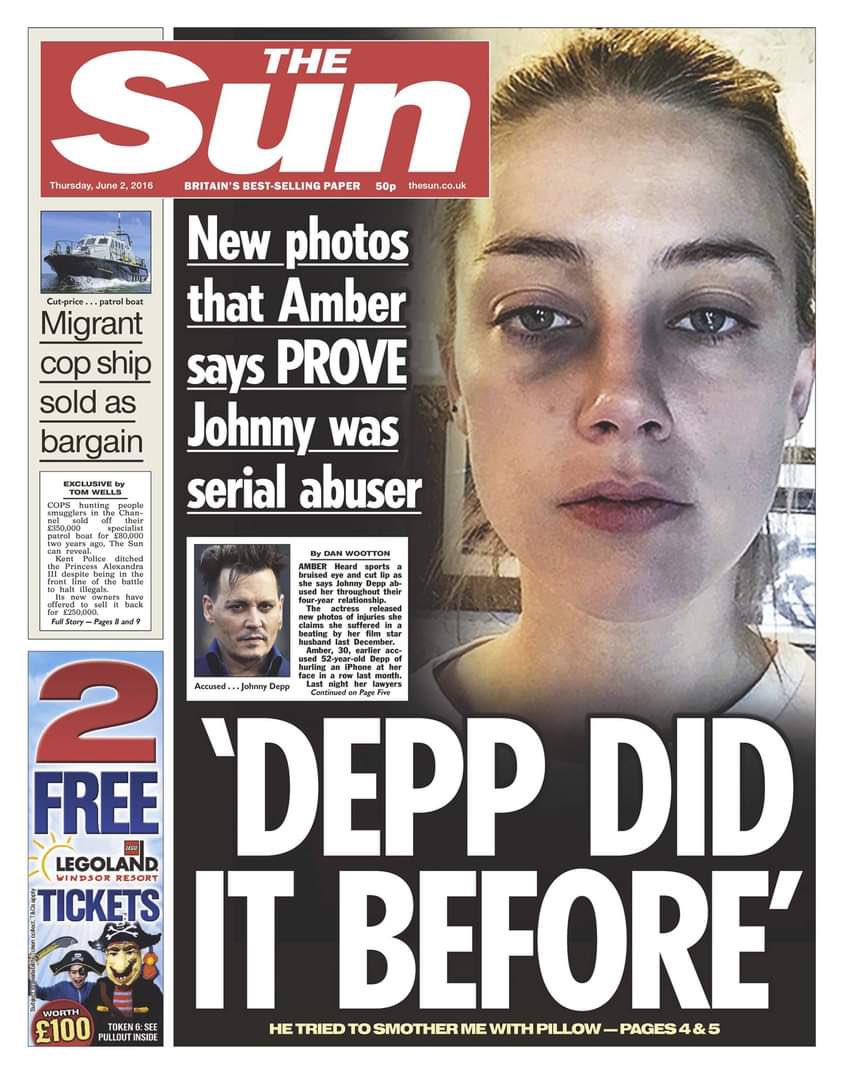 GellertDepp's tweet photo. If you still believe the media...
Here’s Amber Heard’s photo in evidence and here’s what Dan Wootton at The Sun put on their front page. 

They believed in her innocence so much that they edited her photos. 

Johnny Depp deserved better. #dontbuythesun #JusticeForJohnnyDepp https://t.co/OsNHpbuo30