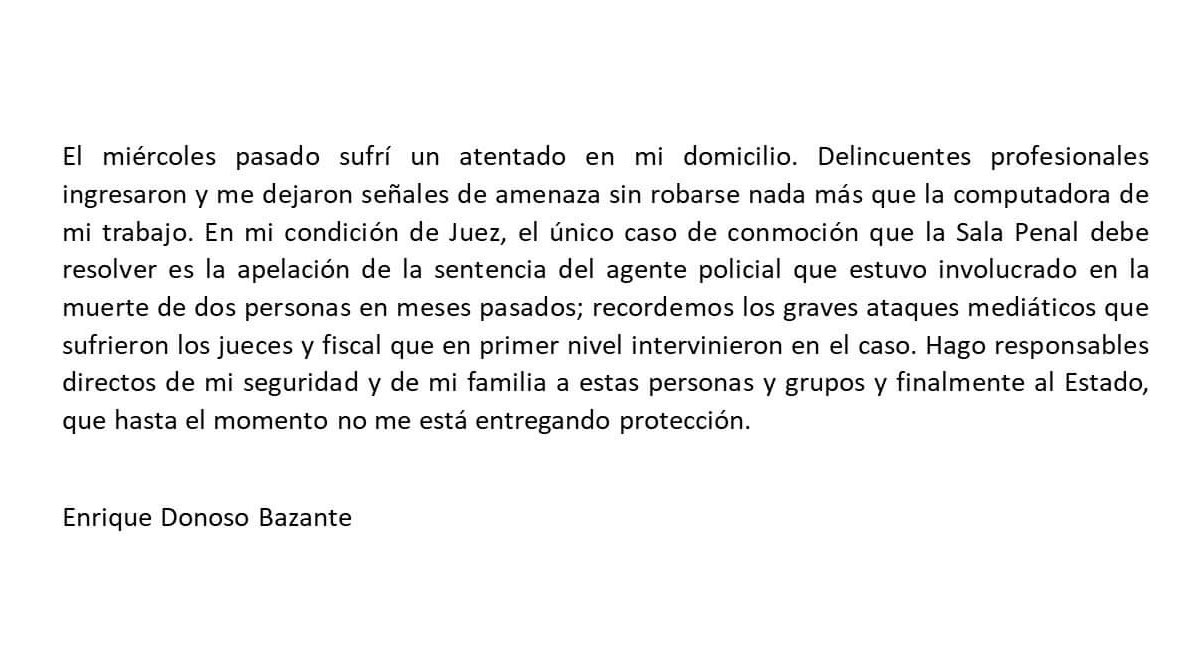 donoso_enrique's tweet photo. #ESTOYSIENDOAMENAZADO EN MI CONDICIÓN DE JUEZ.

Por favor ayúdenme a difundir.

@CJudicaturaEc @Presidencia_Ec @LassoGuillermo @CIDH @DefPublicaEC @DEFENSORIAEC @FiscaliaEcuador @ivansaquicela @mjijonp  @panchojimenezs  @CorteChimborazo @EcuavisaInforma @teleamazonasec
@FRM87 https://t.co/MLWK7JWHxi