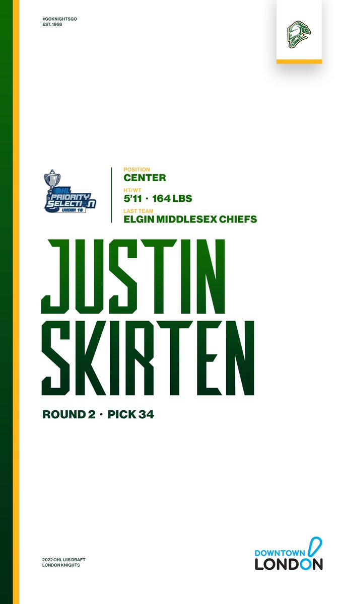 The London Knights are proud to select Justin Skirten with the 34th overall pick in the 2022 #OHLU18Draft!