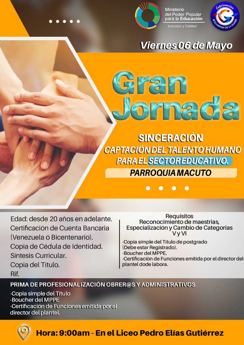 cdcelaguaira's tweet photo. Participa en la Gran Jornada de Captación del Talento Humano para el Sector Educativo. Este #FelizViernes #6Mayo en el LB Pedro Elías Gutiérrez del TC Macuto, a partir de las 9 AM. De la mano 🤝 con
@MPPEDUCACION @_LaAvanzadora @Jateranoficial @danieljgm7
🇻🇪 =>😷 https://t.co/aK4K4y7kDk