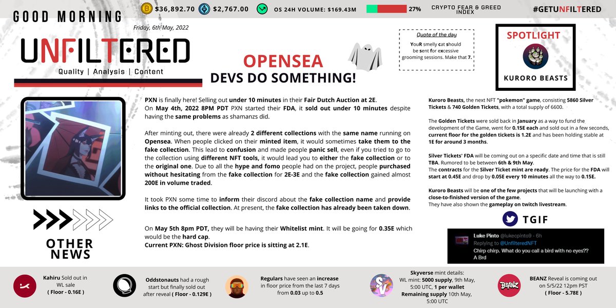 UnfilteredNFT's tweet photo. @opensea messes up again? 🤯🤯

@projectPXN WL MINT GOES LIVE. 👀

@kurorobeast will they take over the open world P2E genre? ▶️

#nftnews https://t.co/BA3ipULmBx