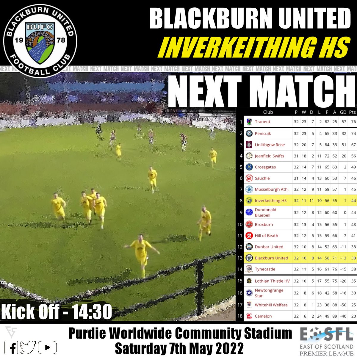 FOOTYSTUDIO's tweet photo. THIS SATURDAY
@EastScotlandFA Premier League
@BlackburnUnited vs @swifts_fc 

Last home game on the back of an amazing win at Linlithgow, back from 2-0 down at the half to 4-2

Two games to go, can the Burnie stay in the Premier Division, get along and help support the lads 🤘⚽️ https://t.co/PJRpC4T9Wl