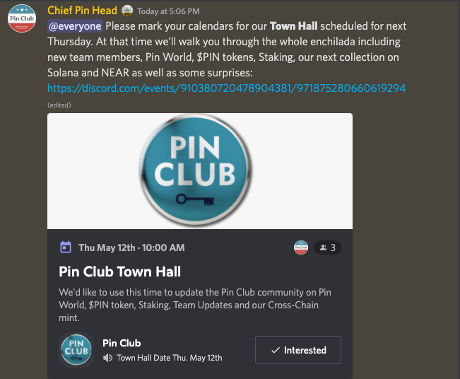 REVERBrewards's tweet photo. We just made an announcement in our Discord server regarding the Pin Club Town Hall scheduled for next Thursday.

At that time we'll cover:
- new team members
- Pin World
- $PIN token
- Staking
- Gen 2 cross-chain collection

Everyone is welcome and all will be revealed 🗓️ https://t.co/LqTMVsaLsn