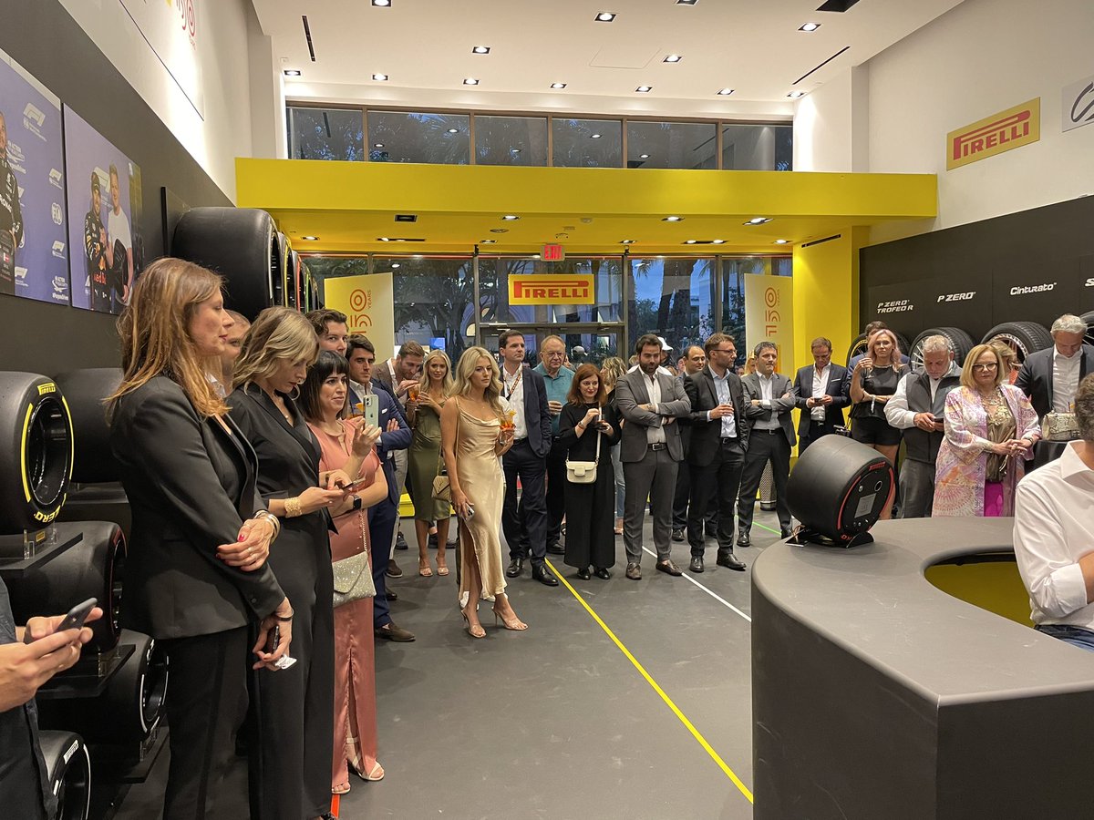 pirellisport's tweet photo. Proud and privileged to welcome @SChecoPerez to the opening of our #PZeroWorld pop-up store in Lincoln Road for the #MiamiGP. Big thanks to everyone who came! #F1 #Fit4F1. https://t.co/Y6eCjDCmlv