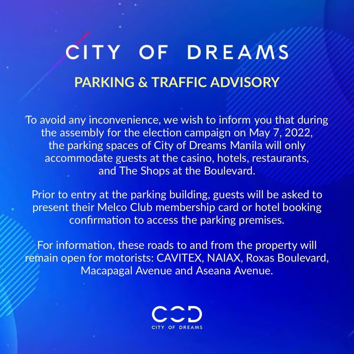 rodmagaru's tweet photo. Solaire Resorts &amp; City Of Dreams not opening their doors to the BBM-SARA rally attendees who will park without errands inside the hotel. Only those with confirmed booking to resorts and restaurants and with active membership are allowed to park I say GOOD JOB. 

GOODMORNING!🌷 https://t.co/4nY22TXk9L